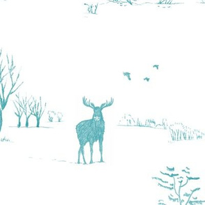 Winter Forest Toile in Teal Blue (xl scale) | Pencil sketch Scandinavian wildlife: fox, moose and owl. Christmas nature, northern forest, snow scene.