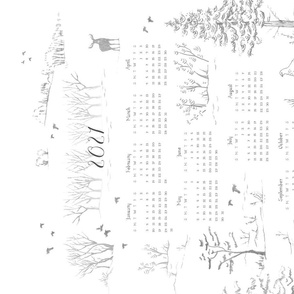 Winter Birds Tea Towel Calendar in Ash Grey | Pencil sketch Scandinavian wildlife, hawk owl, moose, ptarmigan and grouse, fabric calendar 2021