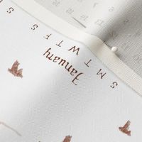 Winter Birds Tea Towel Calendar in Roast Chestnut | Pencil sketch Scandinavian wildlife, hawk owl, moose, ptarmigan and grouse, fabric calendar 2021