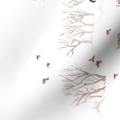 Winter Birds Tea Towel Calendar in Roast Chestnut | Pencil sketch Scandinavian wildlife, hawk owl, moose, ptarmigan and grouse, fabric calendar 2021