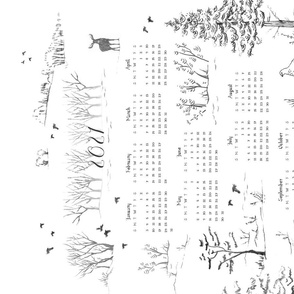Winter Birds Tea Towel Calendar in Charcoal | Pencil sketch Scandinavian wildlife, hawk owl, moose, ptarmigan and grouse, fabric calendar 2021