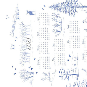 Winter Birds Tea Towel Calendar in Inky Blue | Pencil sketch Scandinavian wildlife, hawk owl, moose, ptarmigan and grouse, fabric calendar 2021