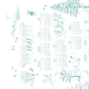 Winter Birds Tea Towel Calendar in Teal Blue | Pencil sketch Scandinavian wildlife, hawk owl, moose, ptarmigan and grouse, fabric calendar 2021