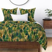 Large Forest on gold mustard ochre with woodland animals  bear and squirrel large scale, trees, mushrooms, kids, baby boy, home decor, autumn, outdoors