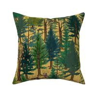 Large Forest on gold mustard ochre with woodland animals  bear and squirrel large scale, trees, mushrooms, kids, baby boy, home decor, autumn, outdoors