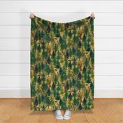 Large Forest on gold mustard ochre with woodland animals  bear and squirrel large scale, trees, mushrooms, kids, baby boy, home decor, autumn, outdoors