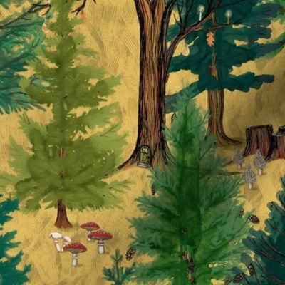 Large Forest on gold mustard ochre with woodland animals  bear and squirrel large scale, trees, mushrooms, kids, baby boy, home decor, autumn, outdoors