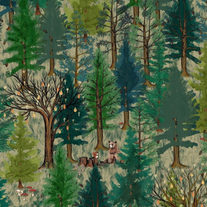 Large Forest on beige with woodland animals bear and squirrel baby boy nursery wallpaper, large scale, trees, mushrooms, kids, baby boy, home decor, curtain, autumn, outdoors