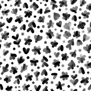 Abstract hand drawn black and white flowers_ hearts and different shapes seamless pattern