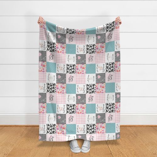 Farm//I will always love ewe//Piggy//Pink&Turquoise - Wholecloth Cheater Quilt- Rotated