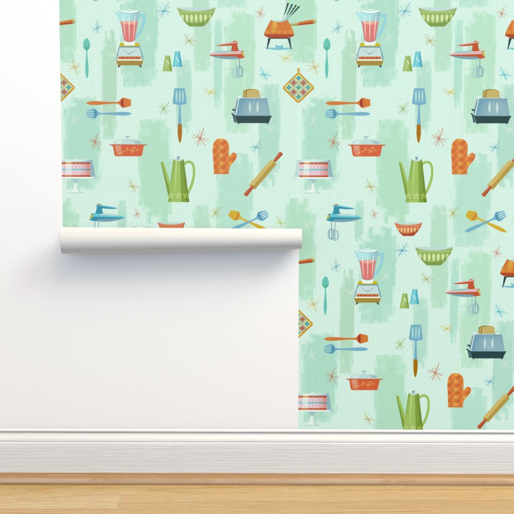Betty's Kitchen Aqua Wallpaper | Spoonflower
