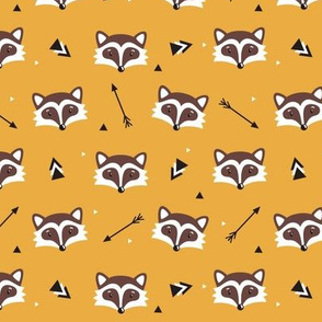 Racoons on mustard background. Small scale