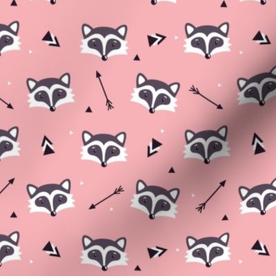 Racoons on pink background. Small scale