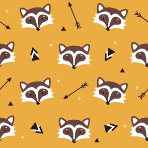 Racoons on mustard background