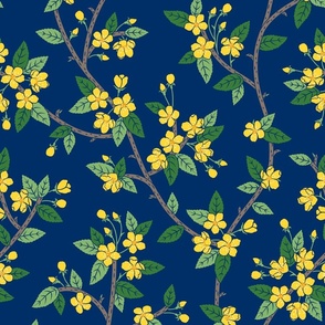 Spring Blossoms navy blue yellow large