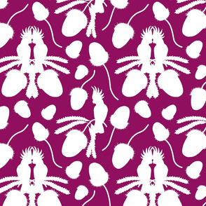 Aussie Love Birds & Banksias - white on boysenberry purple, medium 