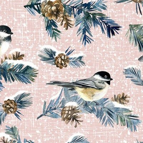 Winter Chickadee / Blush Linen Texture Background / Large Scale