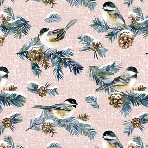 Winter Chickadee / Blush Linen Texture Background / Small Scale