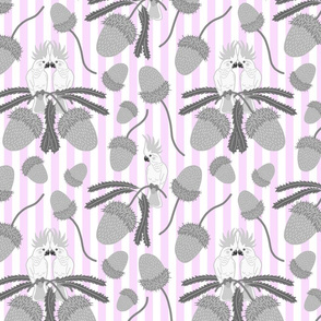 Aussie Love Birds & Banksias - greyscale on pink candy stripes, medium 