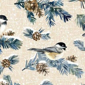 Winter Chickadee / Cream Linen Texture Background / Large Scale