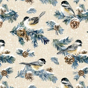 Winter Chickadee / Cream Linen Texture Background / Small Scale