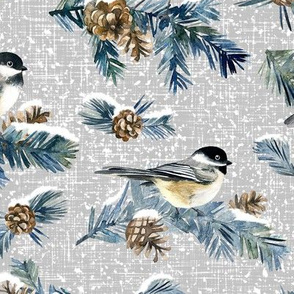 Winter Chickadee / Light Cool Grey Linen Texture Background / Large Scale