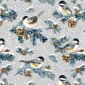 Winter Chickadee / Light Cool Grey Linen Texture Background / Small Scale