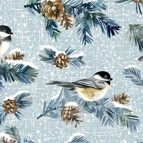 Winter Chickadee / Light Dusty Blue Linen Texture Background / Large Scale