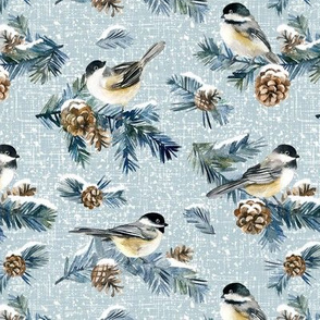 Winter Chickadee / Light Dusty Blue Linen Texture Background / Small Scale