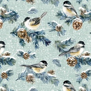 Winter Chickadee / Mint Linen Texture Background / Small Scale