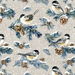 Winter Chickadee / Warm Grey Linen Texture Background / Small Scale