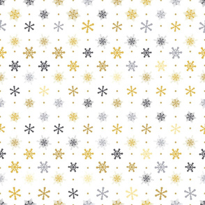  gold, silver snowflakes with dots on white background