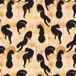 Tiny scale // Deco Panthers Garden // salmon pink background black and saturated gold big cats