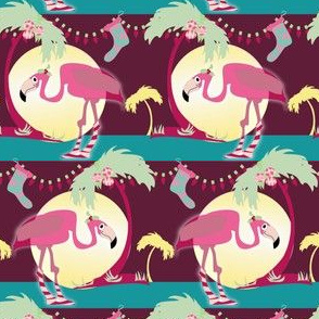 Groovy Christmas Flamingo -- Get the groove on! -- Holiday lights, palm trees, fun in the sun.  Peppermint, holly, and ornaments with a retro, modern touch!  Full moon and maroon night background.