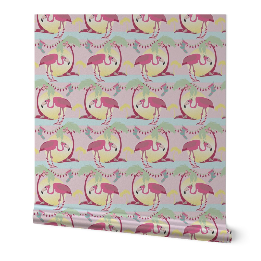 Groovy Christmas Flamingo -- Get the groove on! -- Holiday lights, palm trees, fun in the sun.  Peppermint, holly, and ornaments with a retro, modern touch!  Sunshine, pink background.