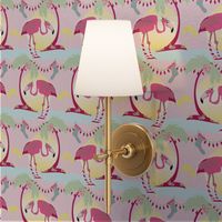 Groovy Christmas Flamingo -- Get the groove on! -- Holiday lights, palm trees, fun in the sun.  Peppermint, holly, and ornaments with a retro, modern touch!  Sunshine, pink background.