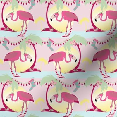 Groovy Christmas Flamingo -- Get the groove on! -- Holiday lights, palm trees, fun in the sun.  Peppermint, holly, and ornaments with a retro, modern touch!  Sunshine, pink background.