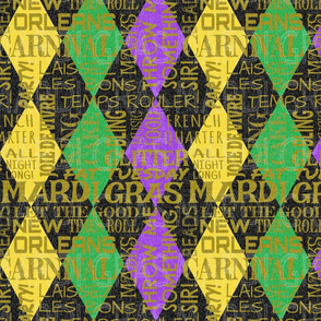 Mardi Gras Harlequin Argyle -- Diamond New Orleans Subway Style Carnival -- Gold Font overKelly Green, Gold, Illuminating Yellow and Amethyst