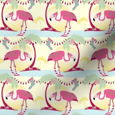 Groovy Christmas Flamingo -- Get the groove on! -- Holiday lights, palm trees, fun in the sun.  Peppermint, holly, and ornaments with a retro, modern touch!  Yellow background.