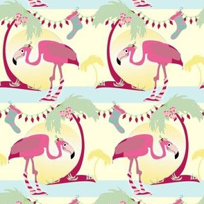 Groovy Christmas Flamingo -- Get the groove on! -- Holiday lights, palm trees, fun in the sun.  Peppermint, holly, and ornaments with a retro, modern touch!  Yellow background.