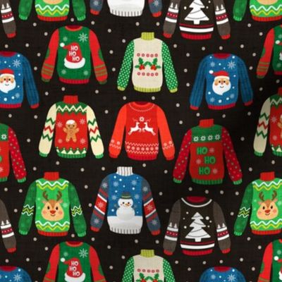Ugly Christmas Sweaters on Dark Grey Linen - small scale