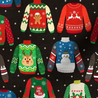 Ugly Christmas Sweaters on Dark Grey Linen - medium scale