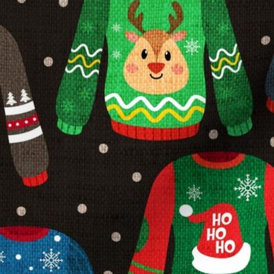 Ugly Christmas Sweaters on Dark Grey Linen - large scale