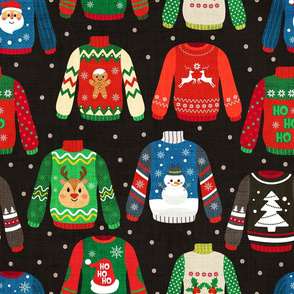 Ugly Christmas Sweaters on Dark Grey Linen - large scale