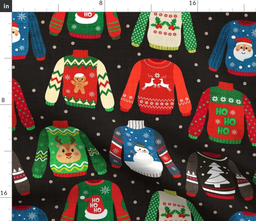 Ugly Christmas Sweaters on Dark Grey Linen - large scale