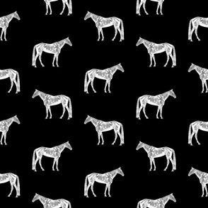 Old Fashioned Horse Black & White Pattern with Black Background (Large Scale)