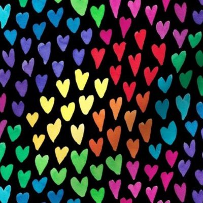 Watercolour rainbow hearts on black