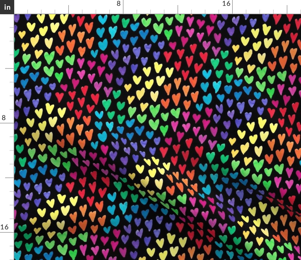 Watercolour rainbow hearts on black