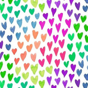 Watercolour rainbow neon hearts on white