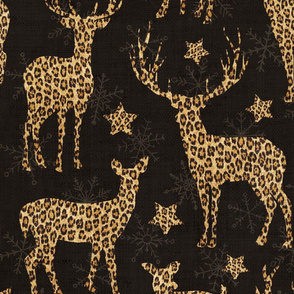 Leopard Reindeer with Snowflakes on Dark Grey Linen - large scale